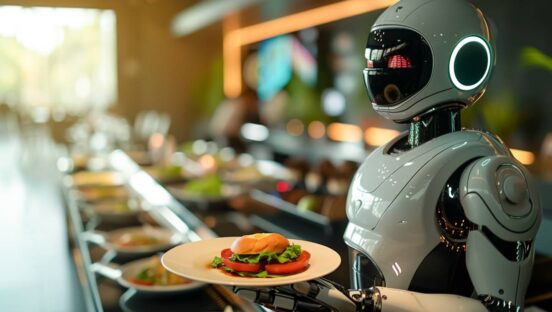 Service robot efficiently serves food in a modern restaurant, highlighting the innovative use of AI in the hospitality industry.