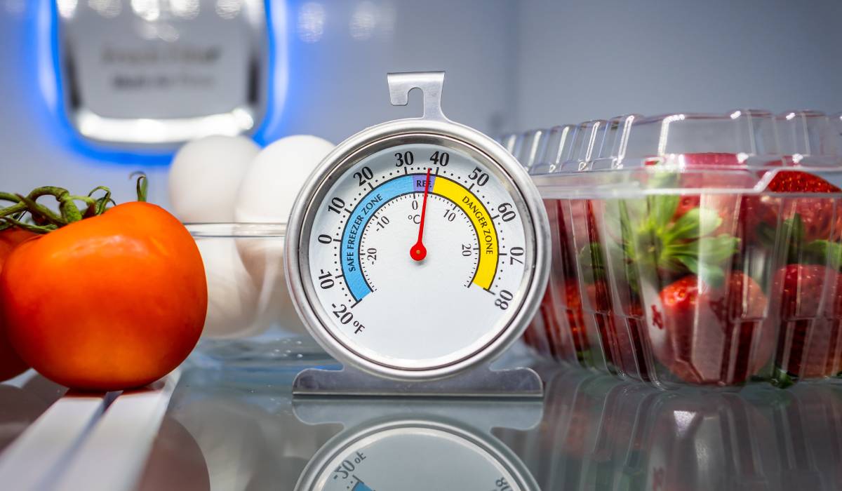 Refrigerator thermometer with colorful food in cold storage unit.