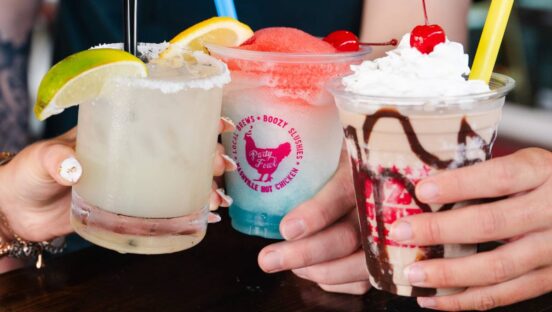 At Party Fowl, an R&R concept specializing in hot chicken and big, boozy drinks, buzz comes in the form of oversized, eye-catching, and playful drinks designed to “create a moment.”