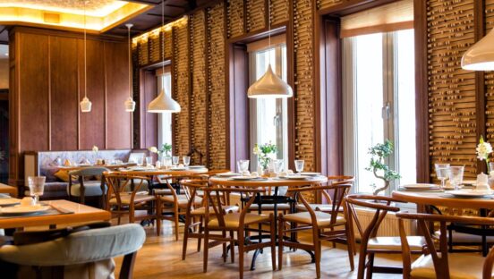 The dining room of a full-service restaurant.