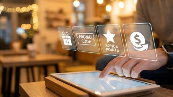 Restaurant customer using a screen with AI graphics and loyalty.