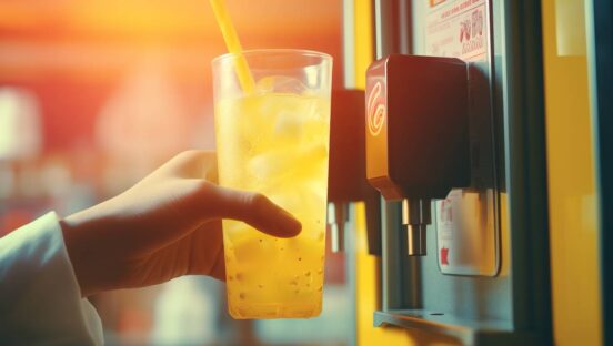 A customer refills their iced tea from a self-serve soft drink dispenser in a restaurant.