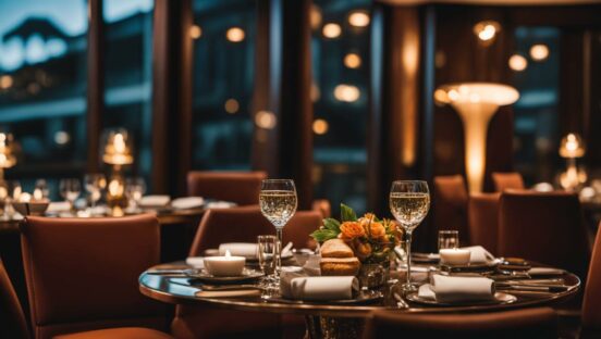Restaurant table with glasses.