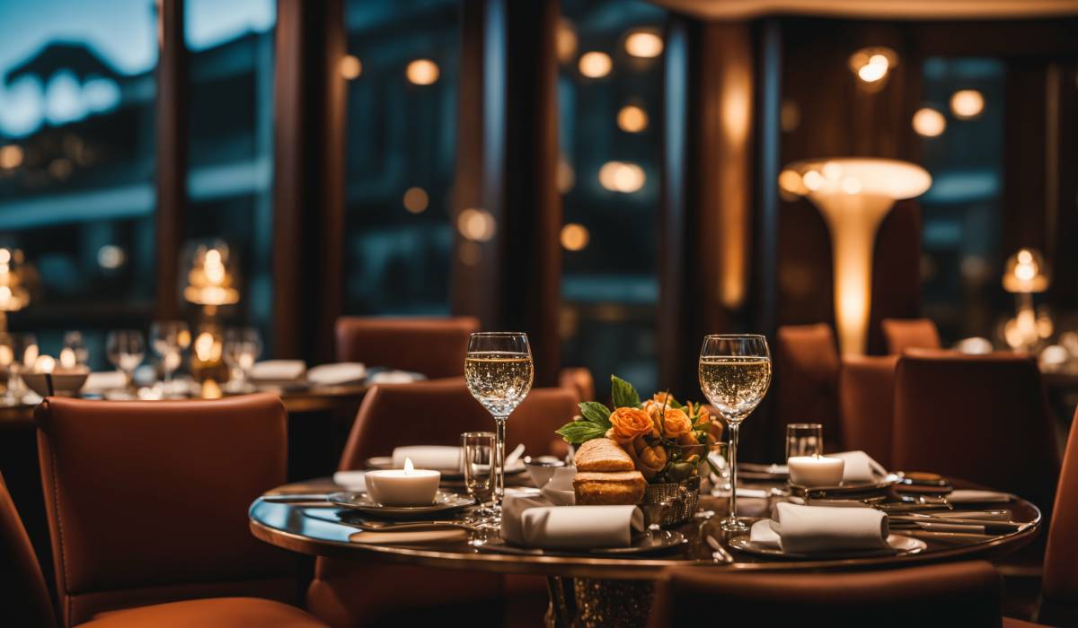 Restaurant table with glasses.