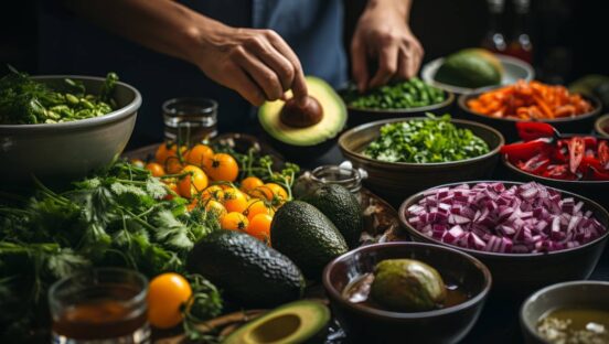 Vegetables inside a restaurants, generated with AI.