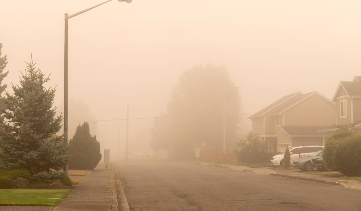 Residential Street With Haze And Smoky Sky From Forest Fires
